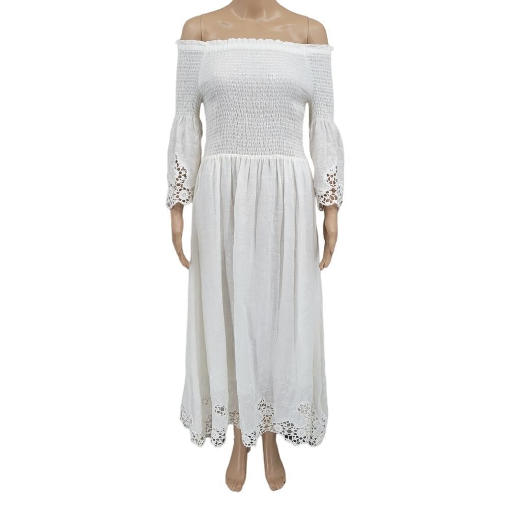 Soft Surroundings White Linen Prarie Dress with Crochet Embroidery Lace Details